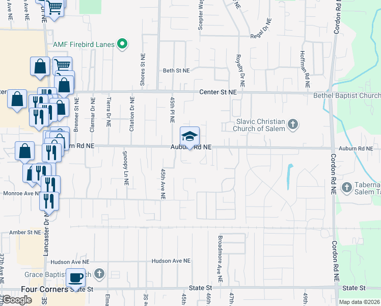 map of restaurants, bars, coffee shops, grocery stores, and more near 4612 Auburn Road Northeast in Salem