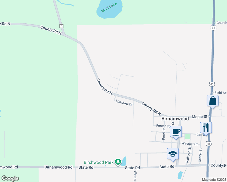 map of restaurants, bars, coffee shops, grocery stores, and more near 497 Corazalla Drive in Birnamwood