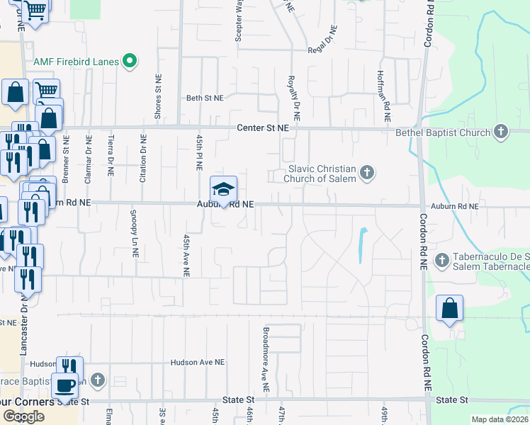 map of restaurants, bars, coffee shops, grocery stores, and more near 492 Kay Lynn Way Northeast in Salem