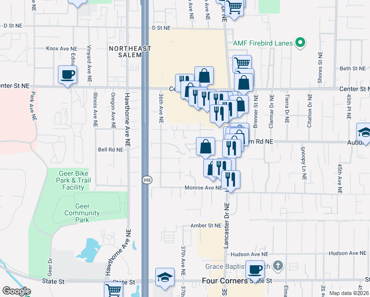 map of restaurants, bars, coffee shops, grocery stores, and more near 3742 Bell Road Northeast in Salem