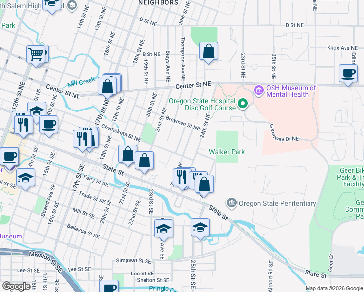 map of restaurants, bars, coffee shops, grocery stores, and more near 295 23rd Street Southeast in Salem