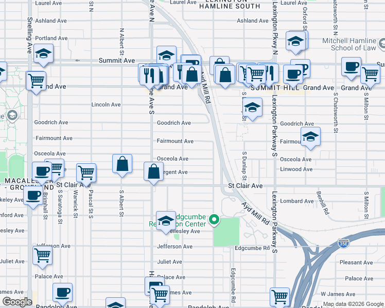 map of restaurants, bars, coffee shops, grocery stores, and more near 1250 Osceola Avenue in Saint Paul