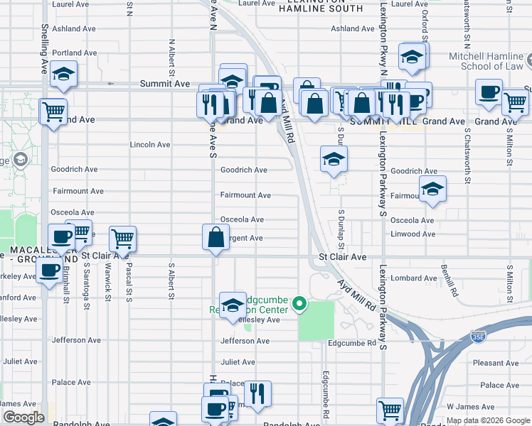 map of restaurants, bars, coffee shops, grocery stores, and more near 1250 Osceola Avenue in Saint Paul