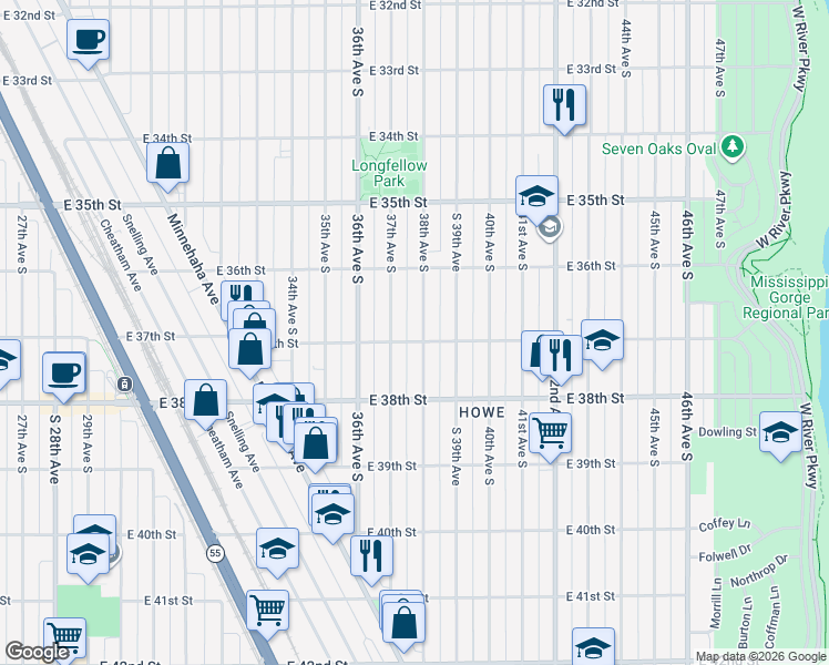 map of restaurants, bars, coffee shops, grocery stores, and more near 3705 38th Avenue South in Minneapolis