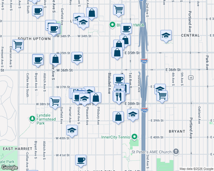 map of restaurants, bars, coffee shops, grocery stores, and more near 3708 Blaisdell Avenue in Minneapolis