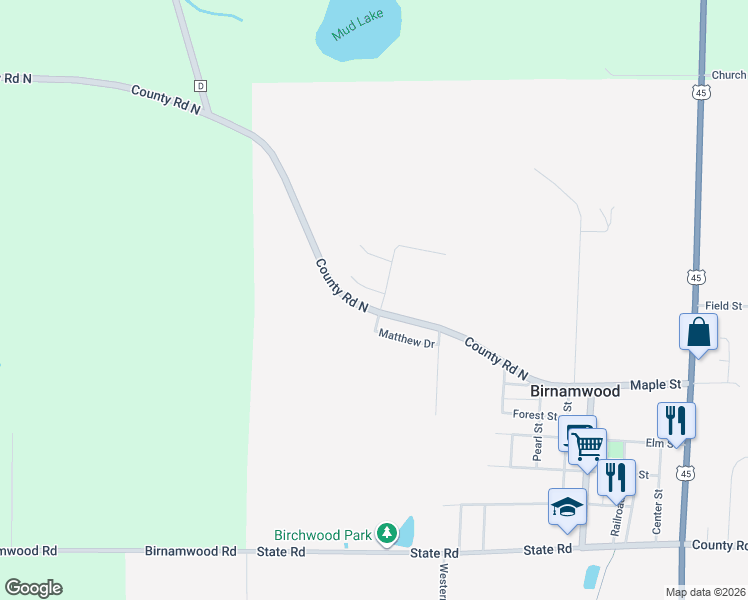 map of restaurants, bars, coffee shops, grocery stores, and more near 497 Corazalla Drive in Birnamwood