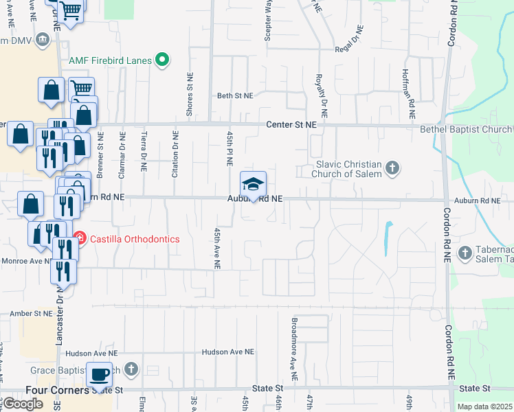 map of restaurants, bars, coffee shops, grocery stores, and more near 4612 Auburn Road Northeast in Salem