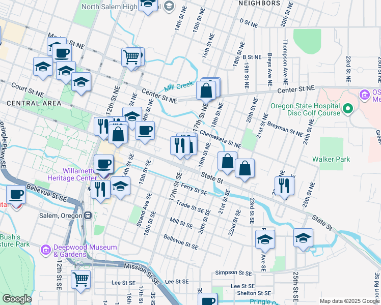 map of restaurants, bars, coffee shops, grocery stores, and more near 1765 State Street in Salem