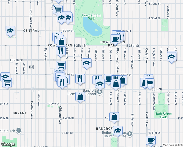 map of restaurants, bars, coffee shops, grocery stores, and more near 3710 13th Avenue South in Minneapolis
