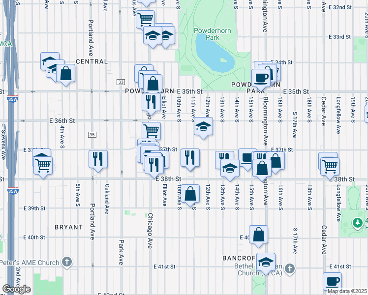 map of restaurants, bars, coffee shops, grocery stores, and more near 3715 10th Avenue South in Minneapolis