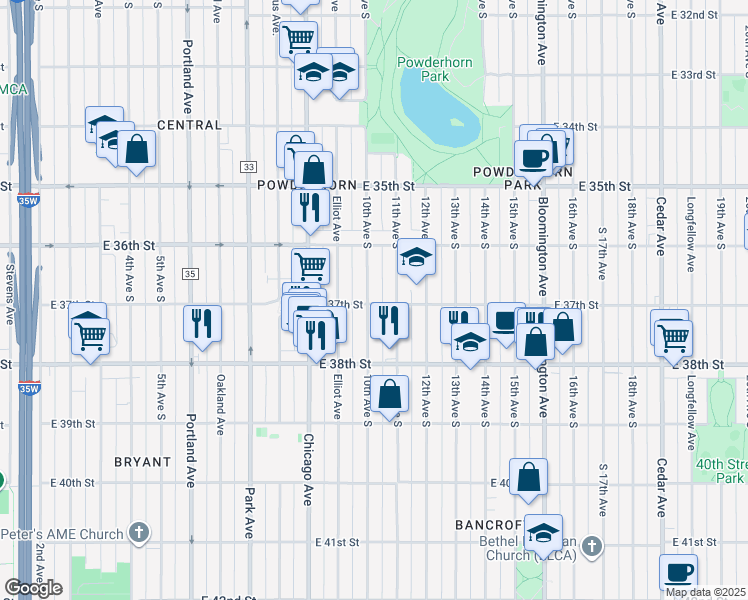 map of restaurants, bars, coffee shops, grocery stores, and more near 3715 10th Avenue South in Minneapolis