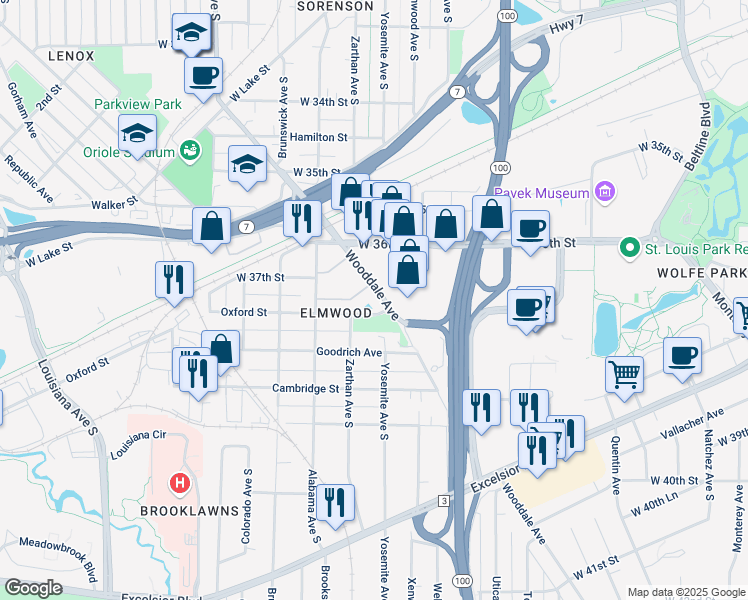 map of restaurants, bars, coffee shops, grocery stores, and more near 5901 Oxford Street in Minneapolis