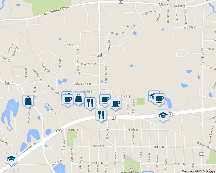 map of restaurants, bars, coffee shops, grocery stores, and more near 720 Robinwood Lane in Hopkins