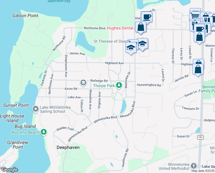 map of restaurants, bars, coffee shops, grocery stores, and more near 3720 Hamilton Avenue in Wayzata