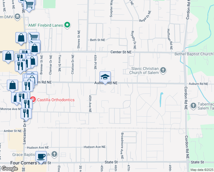 map of restaurants, bars, coffee shops, grocery stores, and more near 4612 Auburn Road Northeast in Salem
