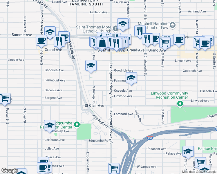 map of restaurants, bars, coffee shops, grocery stores, and more near 179 Lexington Parkway South in Saint Paul