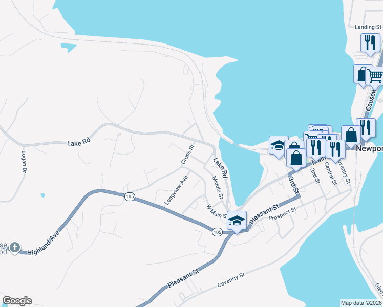map of restaurants, bars, coffee shops, grocery stores, and more near 36 Cross Street in Newport