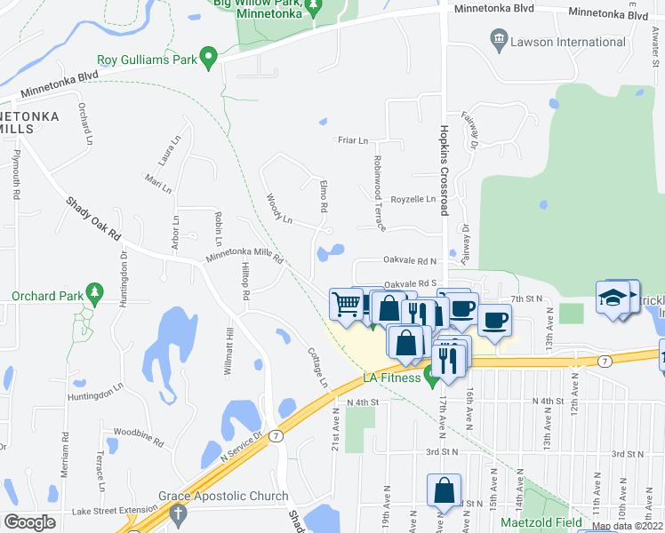 map of restaurants, bars, coffee shops, grocery stores, and more near 11610 Minnetonka Mills Road in Hopkins