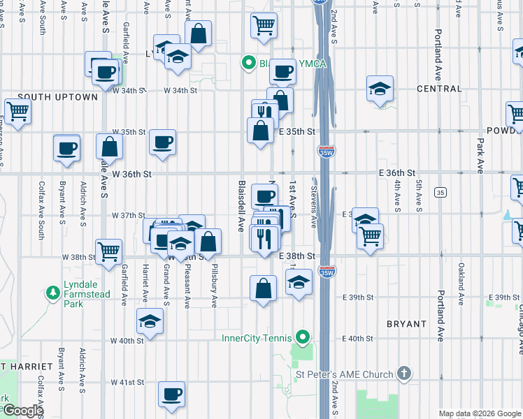 map of restaurants, bars, coffee shops, grocery stores, and more near 3715 Blaisdell Avenue in Minneapolis