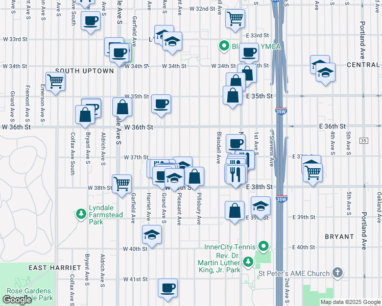 map of restaurants, bars, coffee shops, grocery stores, and more near 3712 Pillsbury Avenue in Minneapolis