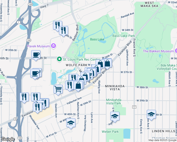 map of restaurants, bars, coffee shops, grocery stores, and more near 4505 West 36th 1/2 Street in St. Louis Park