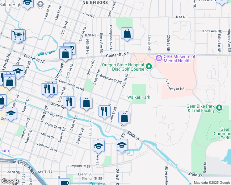 map of restaurants, bars, coffee shops, grocery stores, and more near 386 23rd Street Northeast in Salem