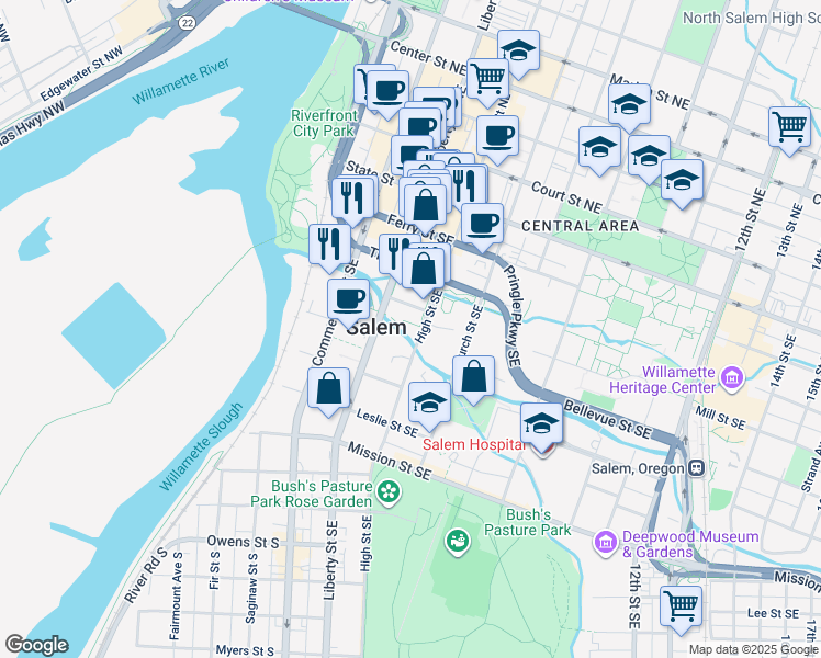 map of restaurants, bars, coffee shops, grocery stores, and more near 554-570 Mill Street Southeast in Salem