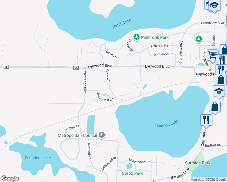 map of restaurants, bars, coffee shops, grocery stores, and more near 2374 Robin Lane in Mound