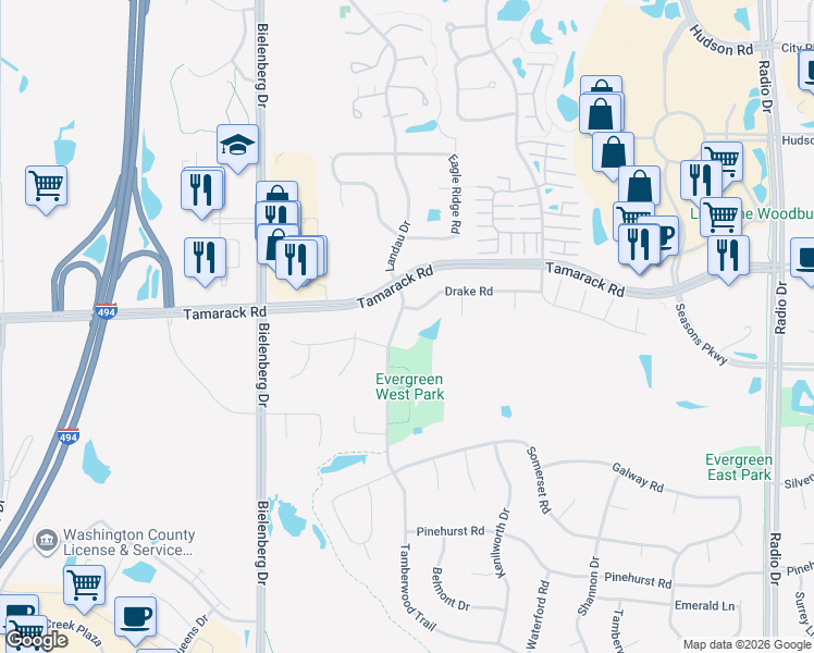 map of restaurants, bars, coffee shops, grocery stores, and more near 899 Tamberwood Trail in Woodbury