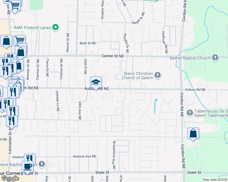 map of restaurants, bars, coffee shops, grocery stores, and more near 492 Kay Lynn Way Northeast in Salem