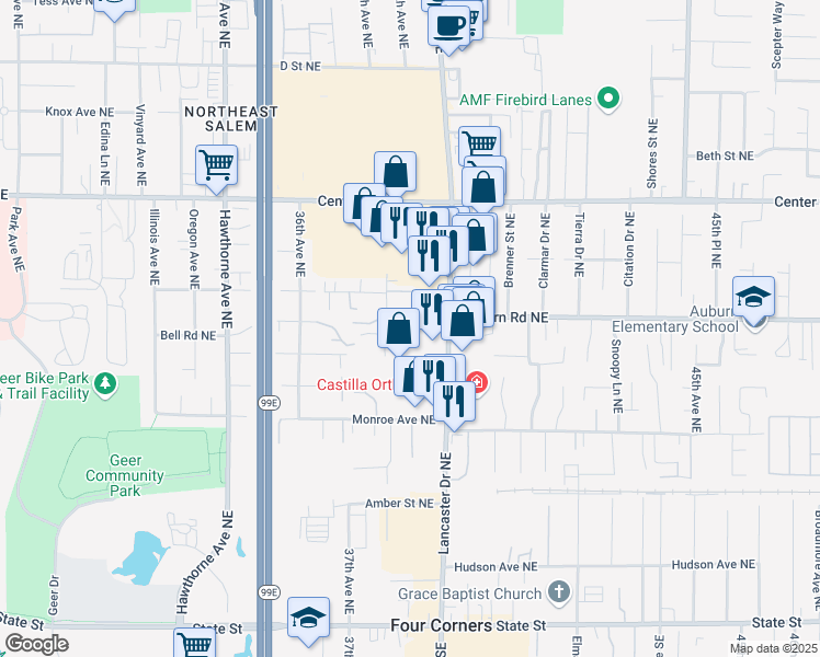 map of restaurants, bars, coffee shops, grocery stores, and more near 3896 Auburn Road Northeast in Salem