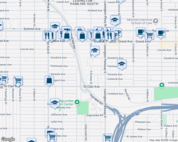 map of restaurants, bars, coffee shops, grocery stores, and more near 195 South Dunlap Street in Saint Paul