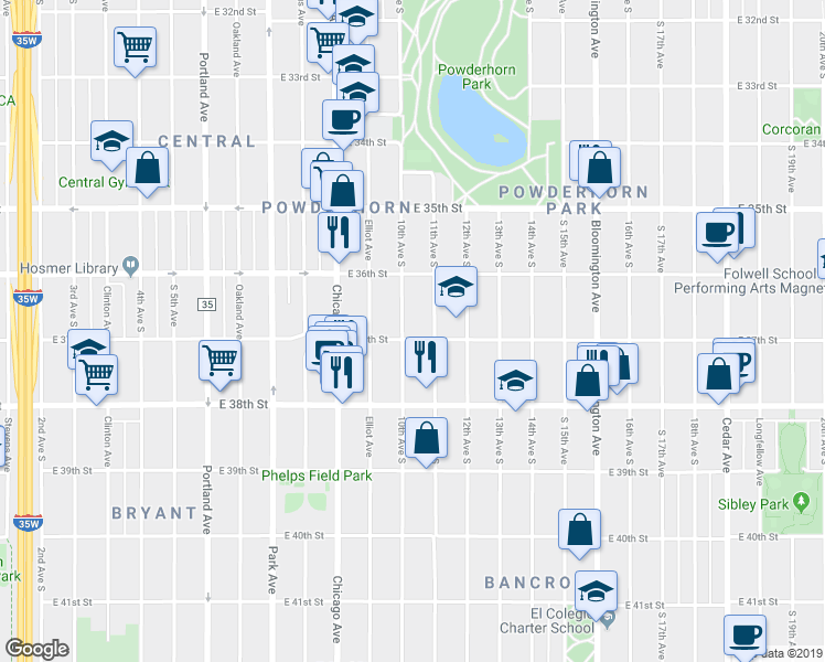 map of restaurants, bars, coffee shops, grocery stores, and more near 3715 10th Avenue South in Minneapolis