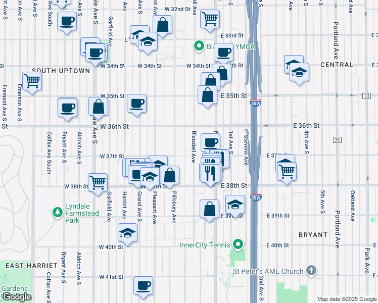 map of restaurants, bars, coffee shops, grocery stores, and more near 3708 Blaisdell Avenue in Minneapolis