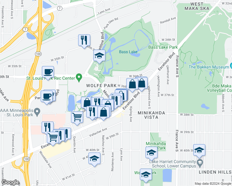 map of restaurants, bars, coffee shops, grocery stores, and more near 3743 Monterey Drive in Minneapolis