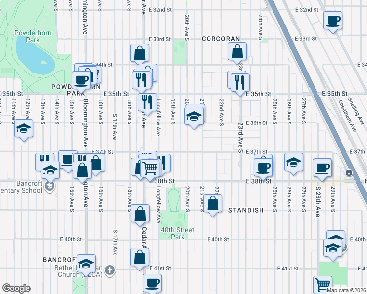 map of restaurants, bars, coffee shops, grocery stores, and more near 3709 South 19th Avenue in Minneapolis