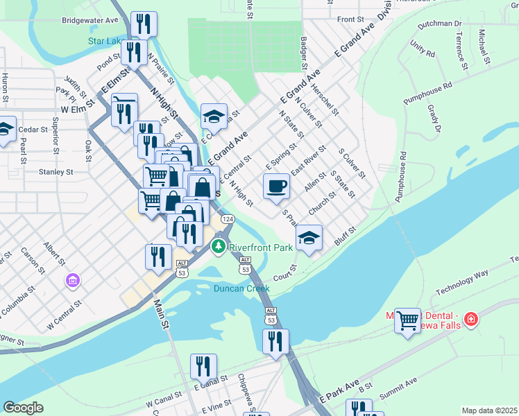 map of restaurants, bars, coffee shops, grocery stores, and more near 3 South High Street in Chippewa Falls