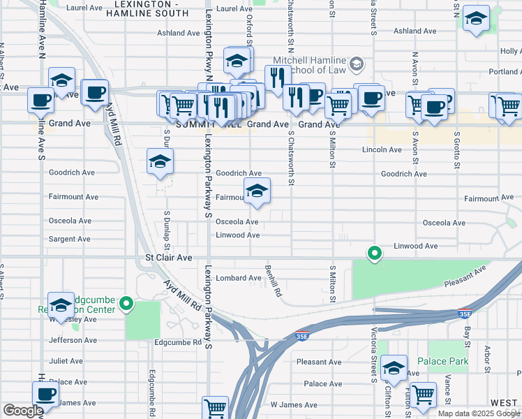 map of restaurants, bars, coffee shops, grocery stores, and more near 1023 Osceola Avenue in Saint Paul
