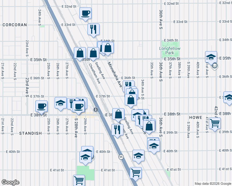 map of restaurants, bars, coffee shops, grocery stores, and more near 3620 Minnehaha Avenue in Minneapolis