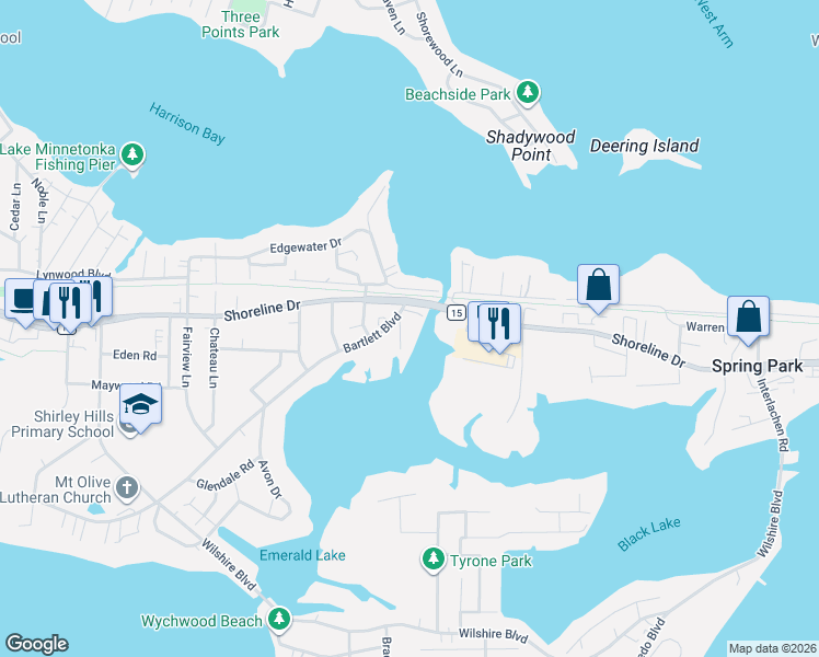 map of restaurants, bars, coffee shops, grocery stores, and more near 4831 Shoreline Drive in Mound