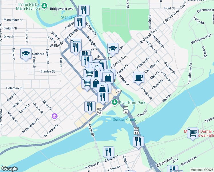 map of restaurants, bars, coffee shops, grocery stores, and more near 119 North Bridge Street in Chippewa Falls