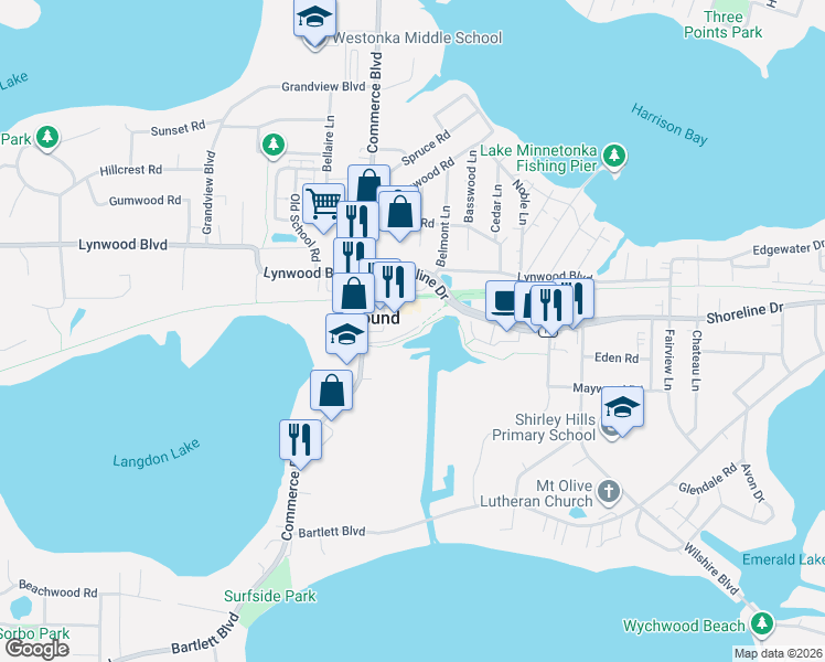 map of restaurants, bars, coffee shops, grocery stores, and more near 5500 Shoreline Drive in Mound