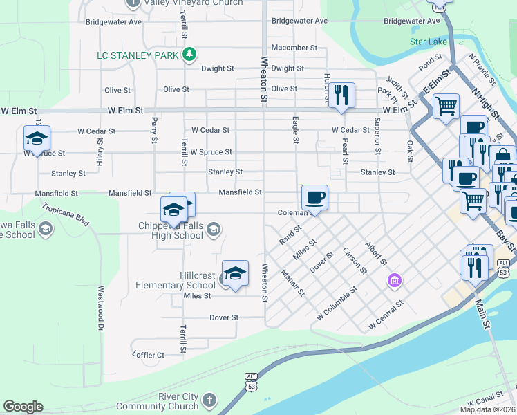 map of restaurants, bars, coffee shops, grocery stores, and more near 812 Mansfield Street in Chippewa Falls