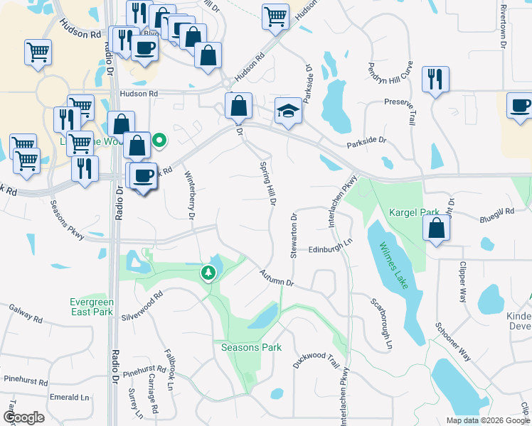 map of restaurants, bars, coffee shops, grocery stores, and more near 858 Spring Hill Drive in Woodbury