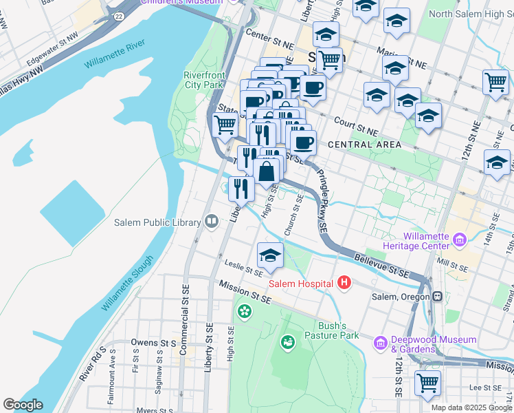 map of restaurants, bars, coffee shops, grocery stores, and more near 325 High Street Southeast in Salem