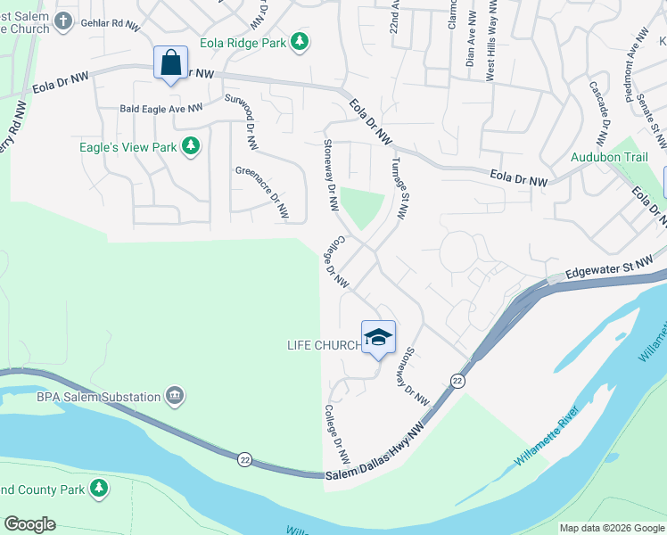map of restaurants, bars, coffee shops, grocery stores, and more near 580 College Drive Northwest in Salem