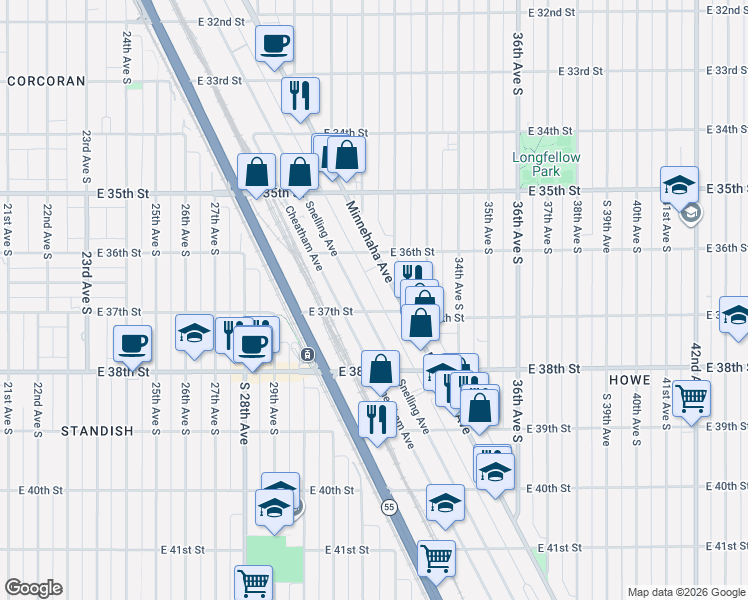 map of restaurants, bars, coffee shops, grocery stores, and more near 3620 Minnehaha Avenue in Minneapolis