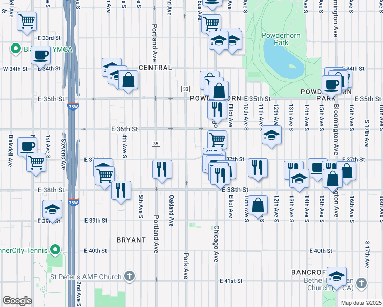 map of restaurants, bars, coffee shops, grocery stores, and more near 3620 Columbus Avenue South in Minneapolis