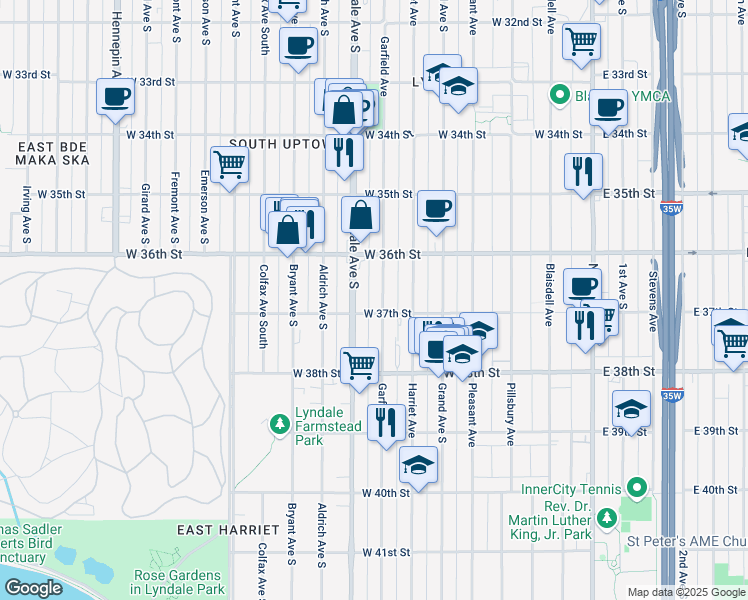map of restaurants, bars, coffee shops, grocery stores, and more near 3619 Lyndale Avenue South in Minneapolis