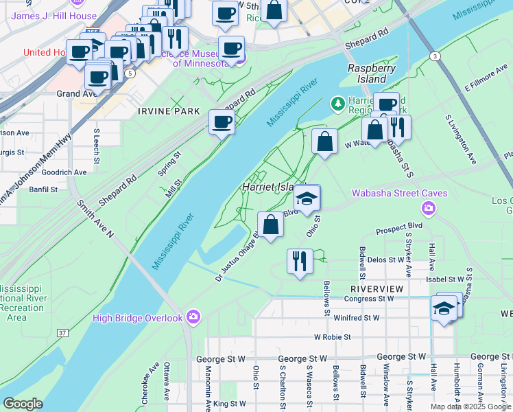 map of restaurants, bars, coffee shops, grocery stores, and more near 120 West Kellogg Boulevard in Saint Paul